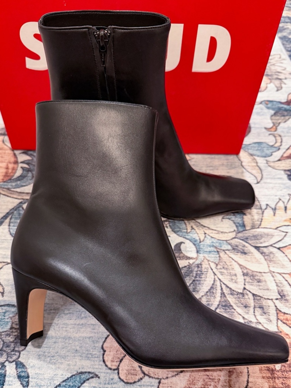 New! STAUD Black Leather Zip Ankle Boots with slim block heel